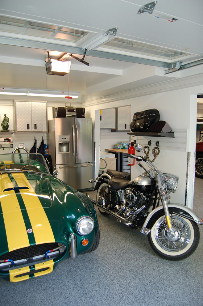 Photo of a large contemporary detached garage in Chicago with three or more cars.