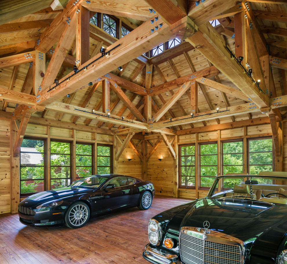 Design ideas for a large rustic detached garage in Philadelphia with three or more cars.