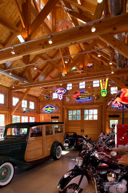 Barn Interior with exposed stained wood and hand-hewn beams