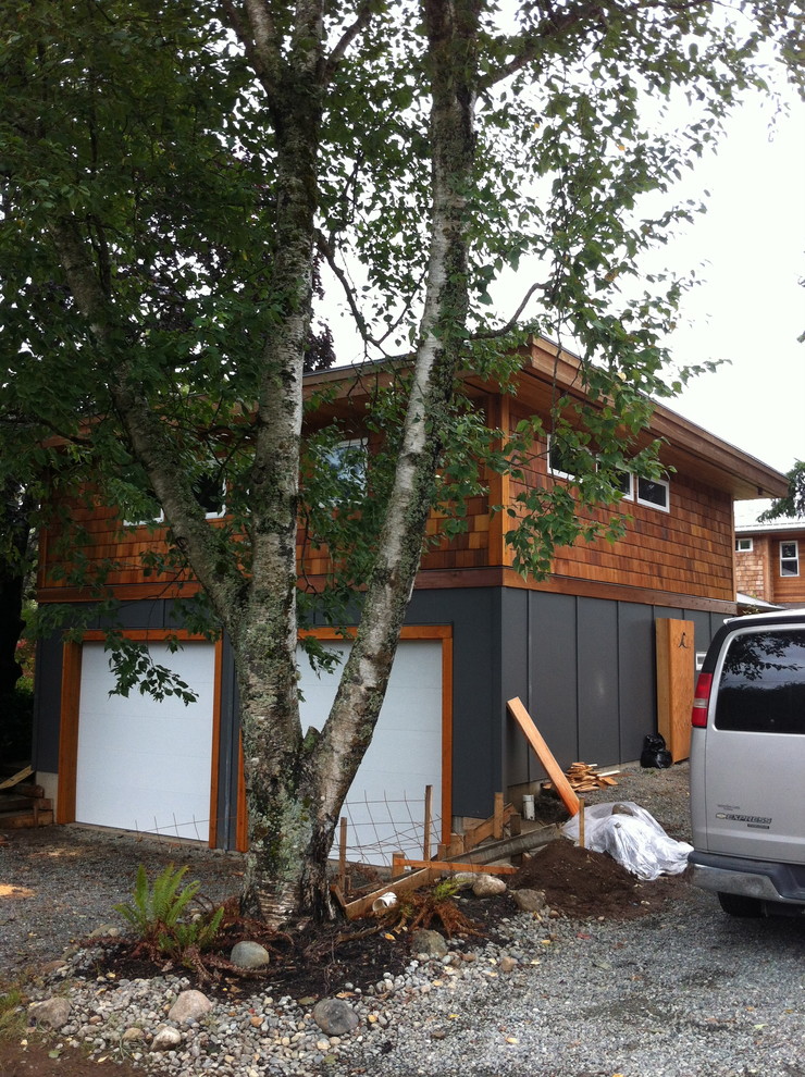 Inspiration for a contemporary two-car garage workshop remodel in Vancouver