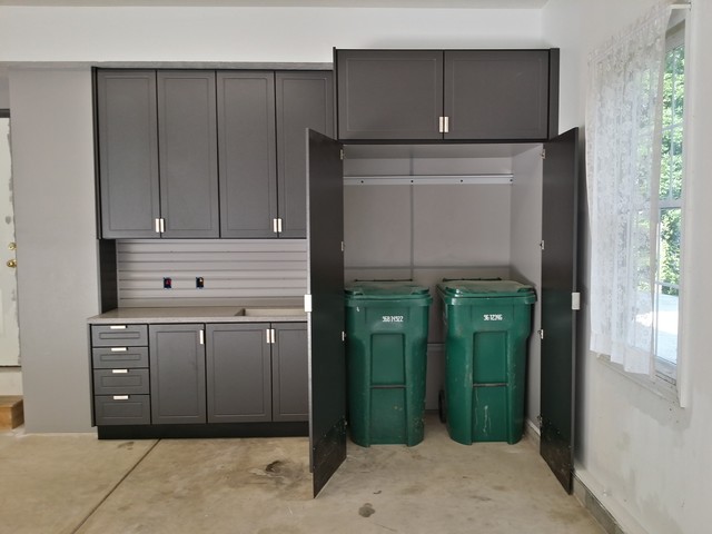 Garage storage, garbage can bin with storage cabinet and coat rack above  utilize that garage …