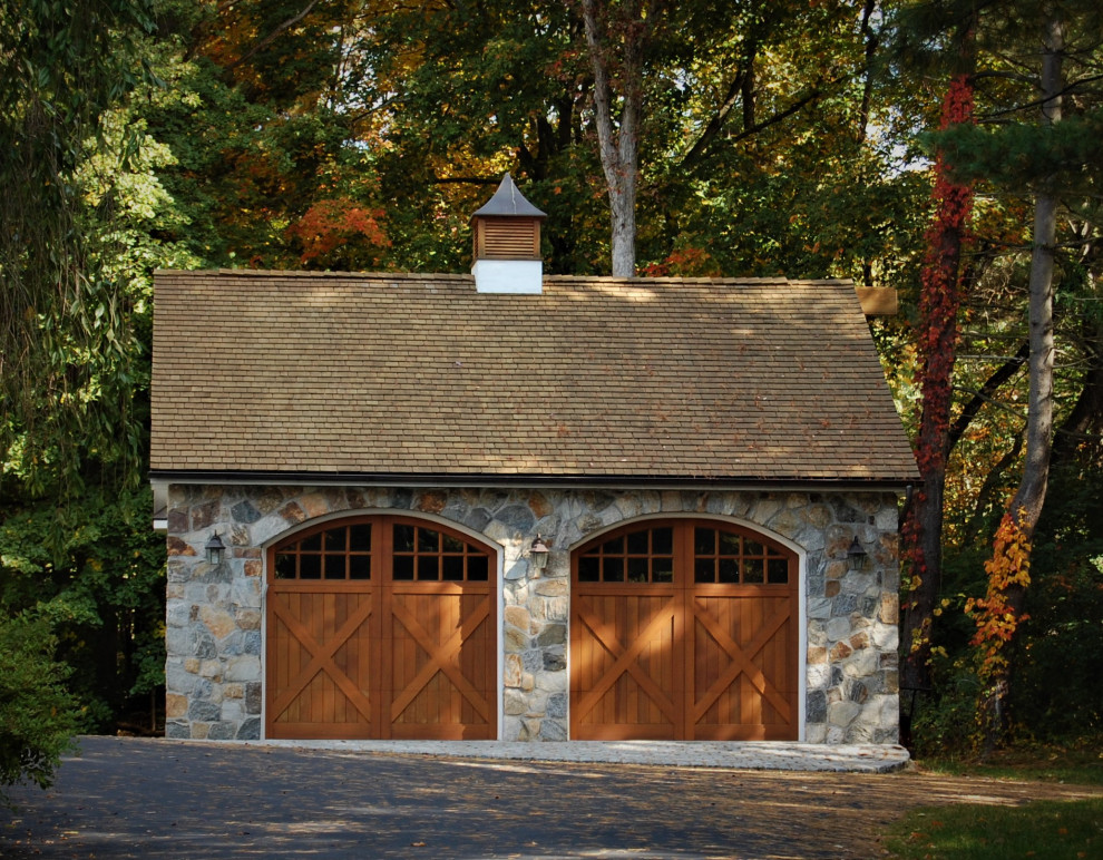 Garage - small traditional detached two-car garage idea in New York