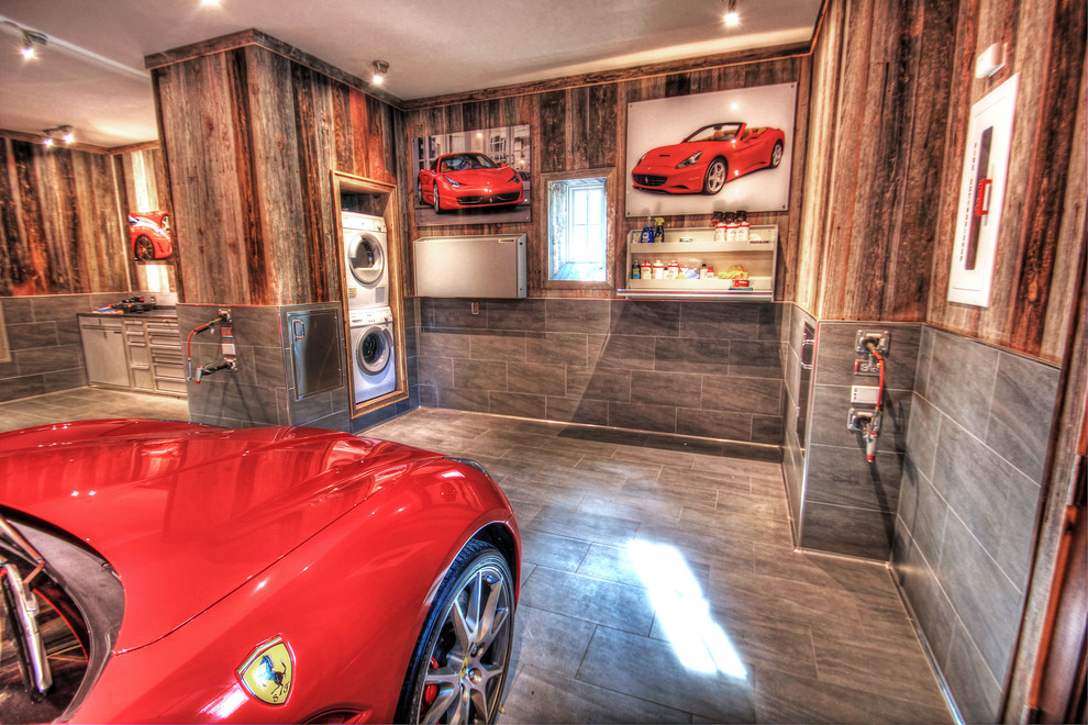 Стильный дизайн: гараж в стиле рустика для одной машины - последний тренд