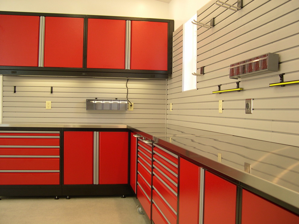 Example of a large minimalist garage workshop design in San Francisco