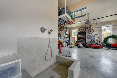 large gray dog shower in a garage 