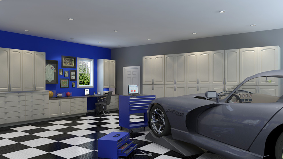Cette photo montre un grand garage attenant chic avec un bureau, studio ou atelier.
