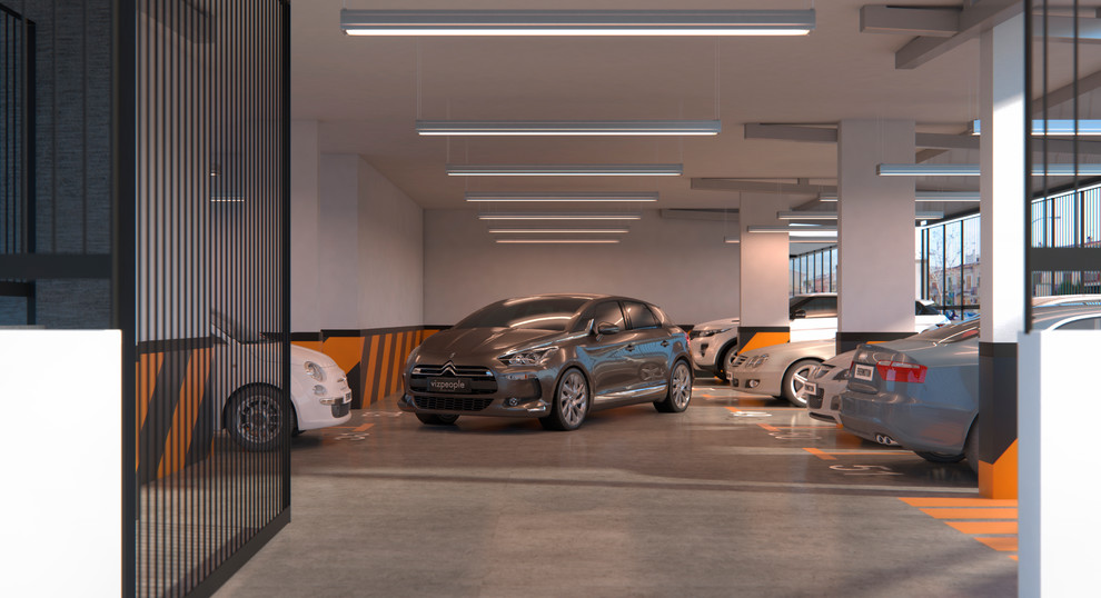 Стильный дизайн: большой пристроенный гараж в современном стиле для четырех и более машин - последний тренд