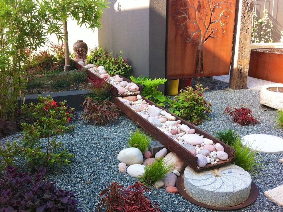 Ejemplo de jardín contemporáneo de tamaño medio en patio trasero con fuente