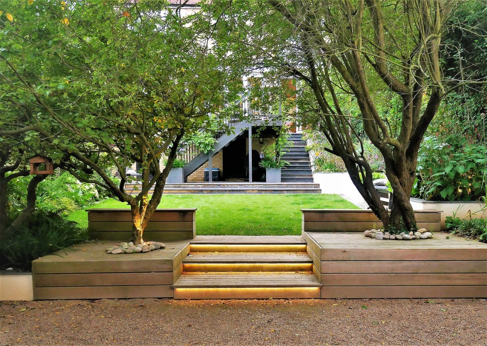Пример оригинального дизайна: участок и сад на заднем дворе в восточном стиле с покрытием из гравия