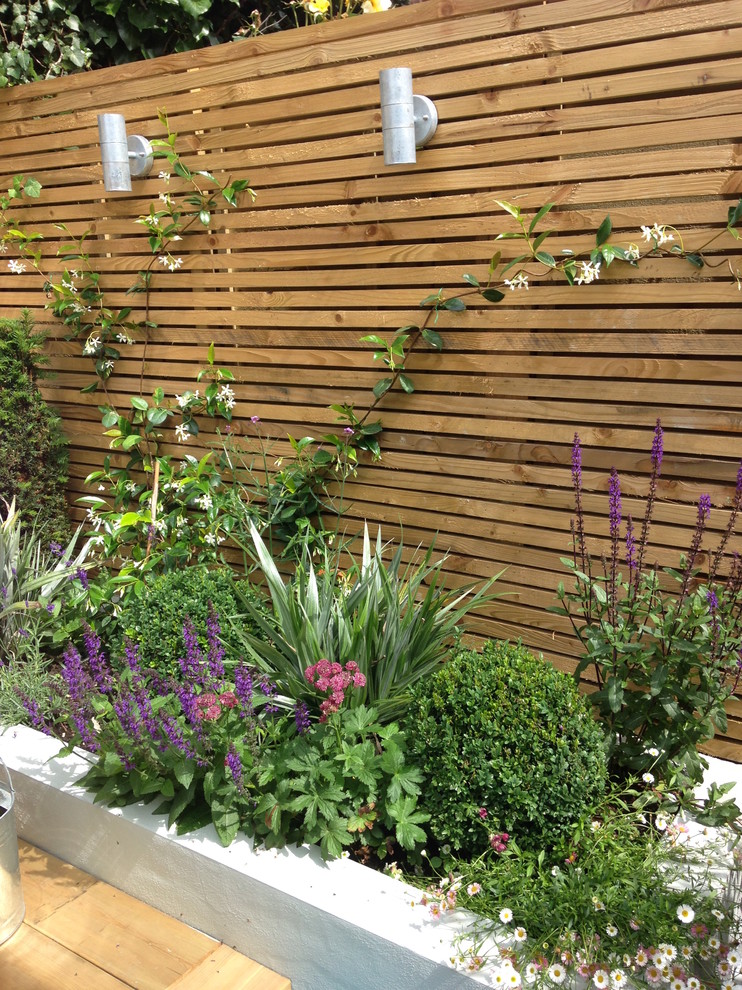 Idéer för en liten modern trädgård i full sol på sommaren, med en vertikal trädgård och grus