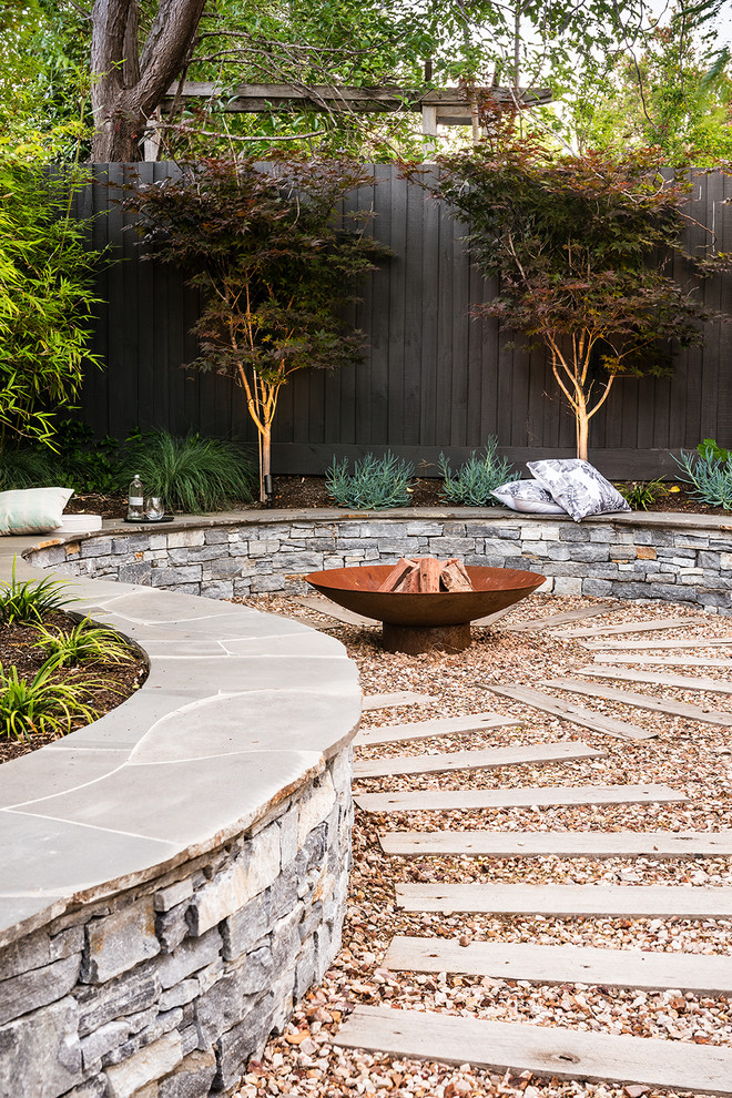 Inspiration for a medium sized back xeriscape full sun garden in Melbourne with a fire feature and natural stone paving.
