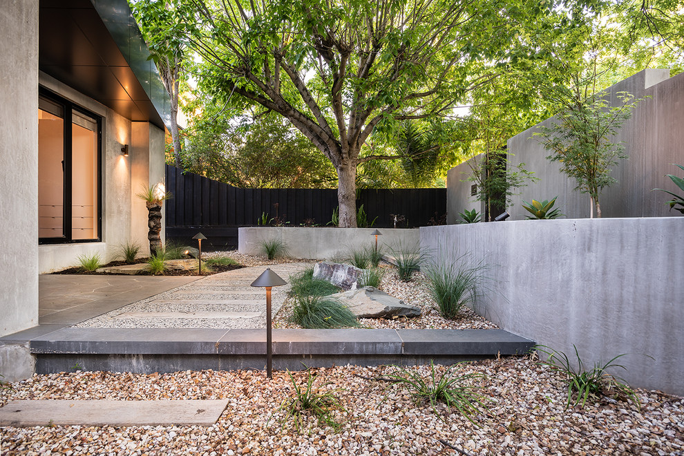 Idee per un giardino contemporaneo di medie dimensioni e davanti casa con un ingresso o sentiero e pavimentazioni in cemento