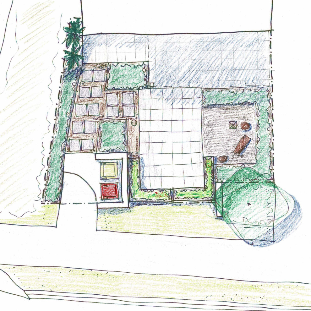Пример оригинального дизайна: маленький огород на участке на переднем дворе в стиле фьюжн с полуденной тенью и мощением тротуарной плиткой для на участке и в саду