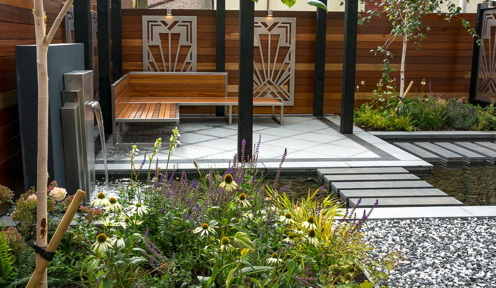 Inspiration for a small contemporary backyard water fountain landscape in Cheshire.