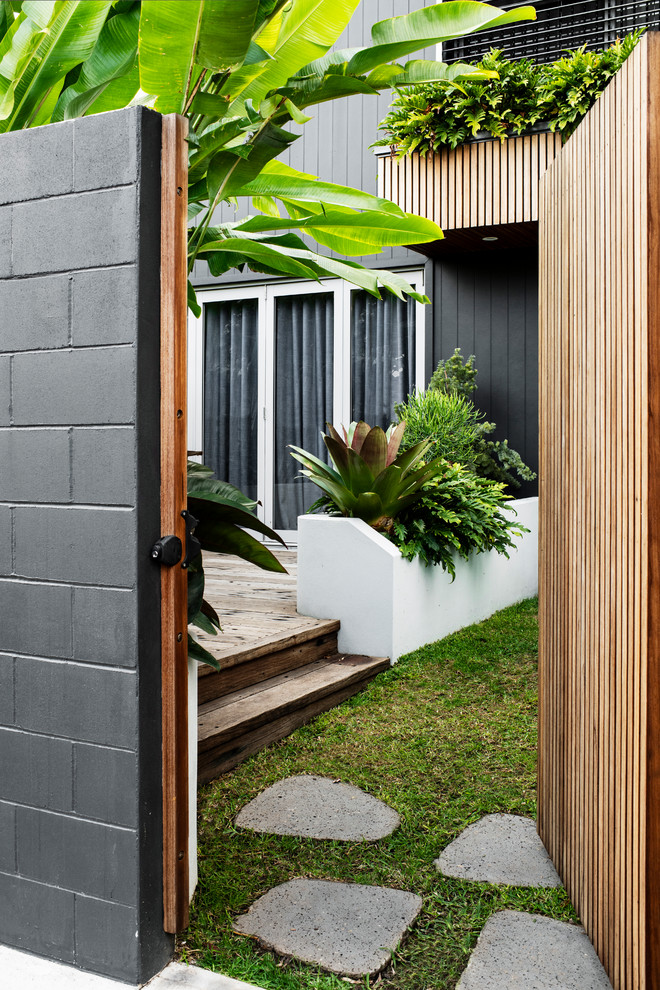 Diseño de jardín tropical pequeño en patio trasero con muro de contención, exposición total al sol y entablado