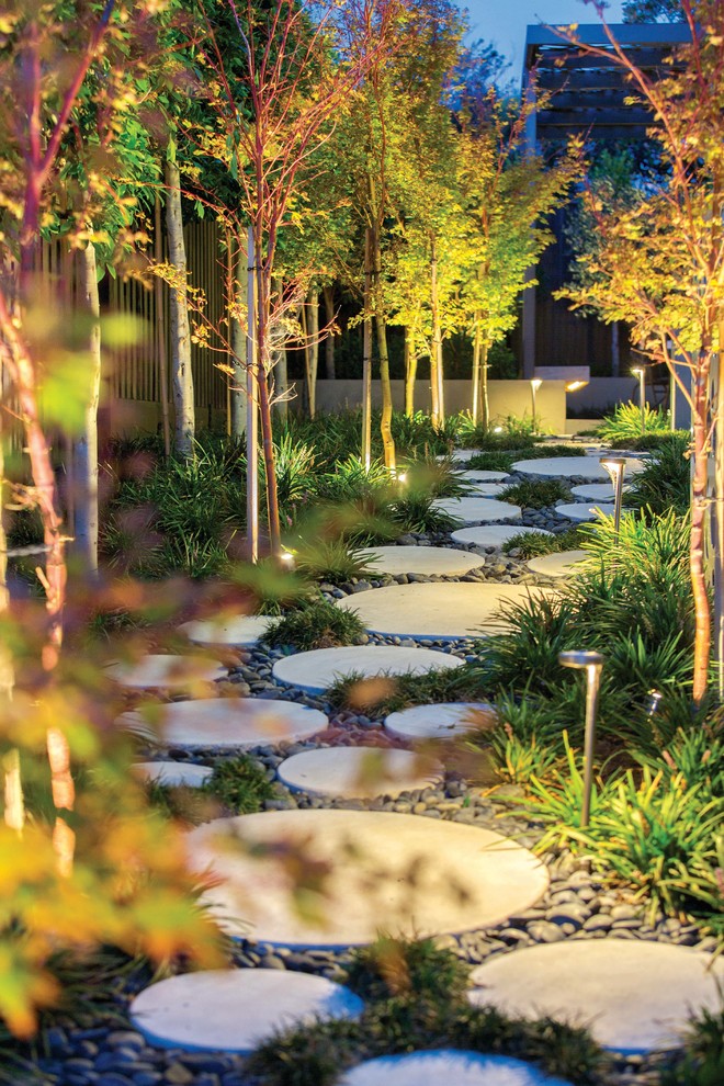 Großer Moderner Japanischer Garten mit Betonboden in Melbourne