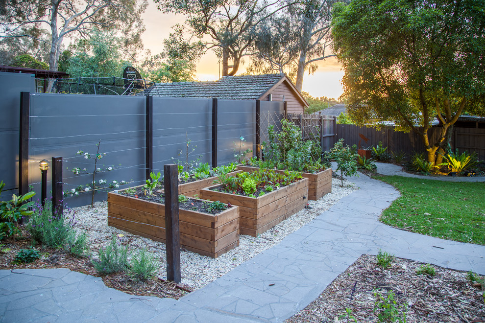 This is an example of a large modern back full sun garden for spring in Melbourne with natural stone paving.