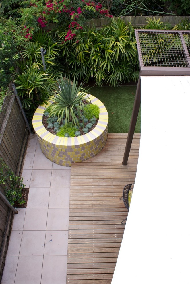 Kleiner Moderner Garten im Sommer, hinter dem Haus mit Kübelpflanzen, direkter Sonneneinstrahlung und Betonboden in Sydney