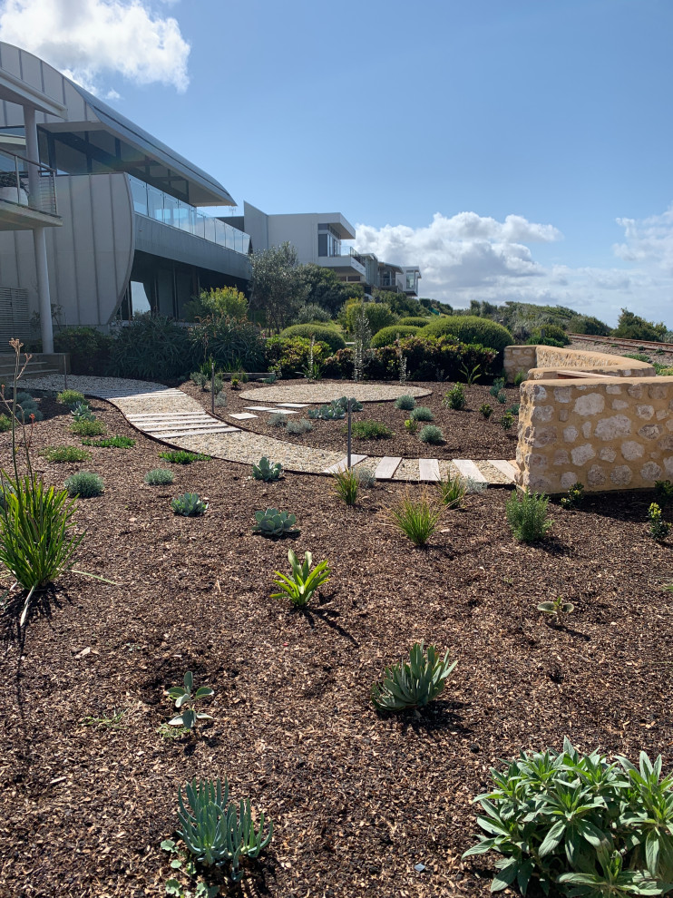 Idee per un giardino xeriscape stile marinaro esposto in pieno sole di medie dimensioni e davanti casa in estate con ghiaia e recinzione in pietra