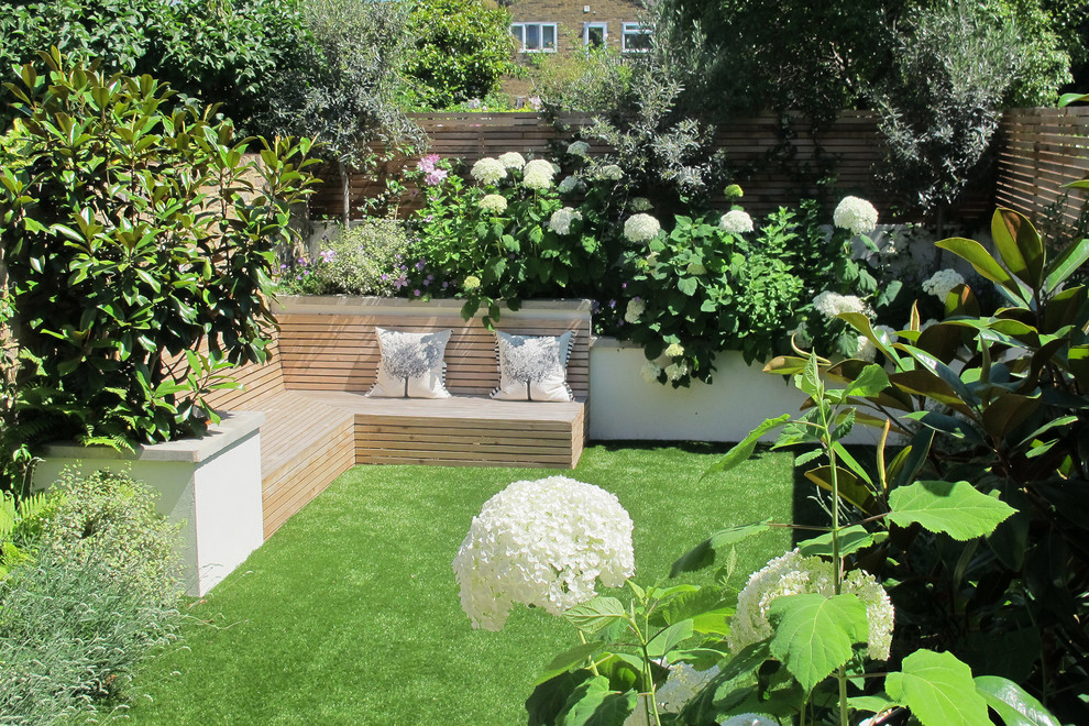 Design ideas for a small contemporary back full sun garden for summer in London.
