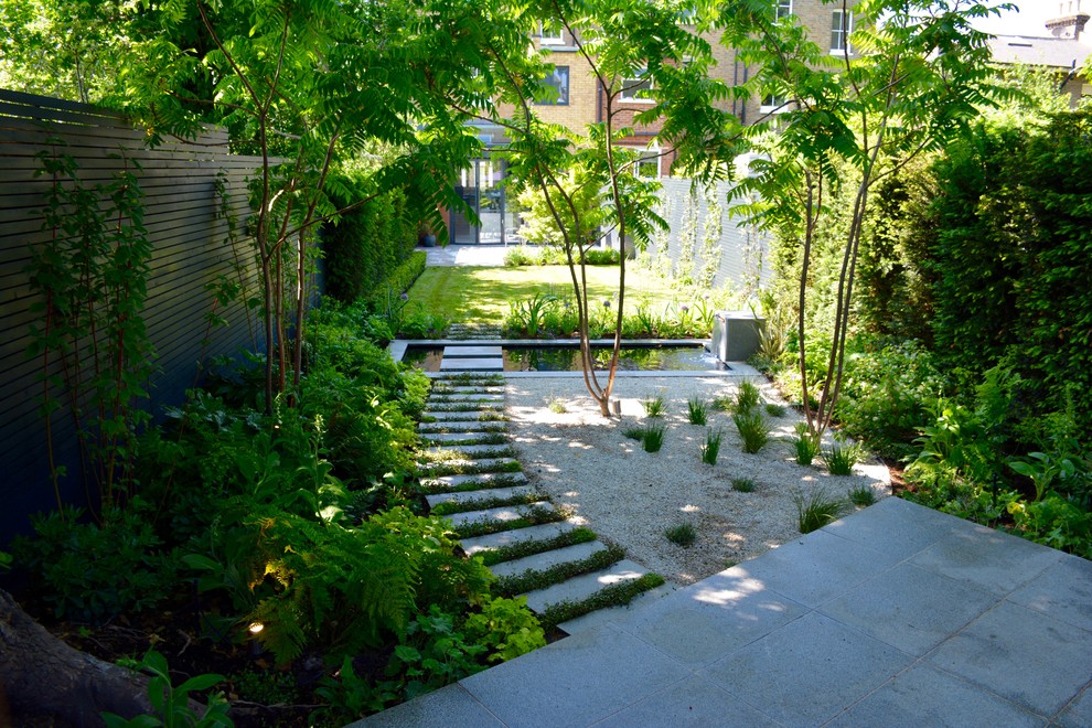Medium sized contemporary back partial sun garden for summer in London with a pond.