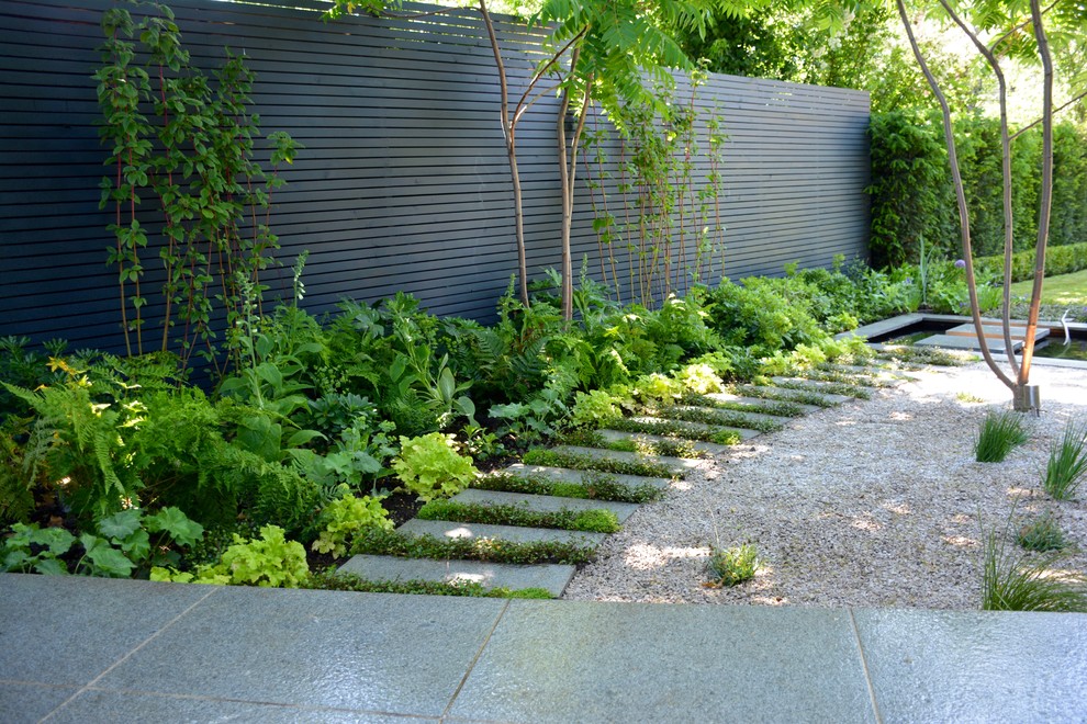 Design ideas for a medium sized contemporary back partial sun garden for summer in London with a pond.