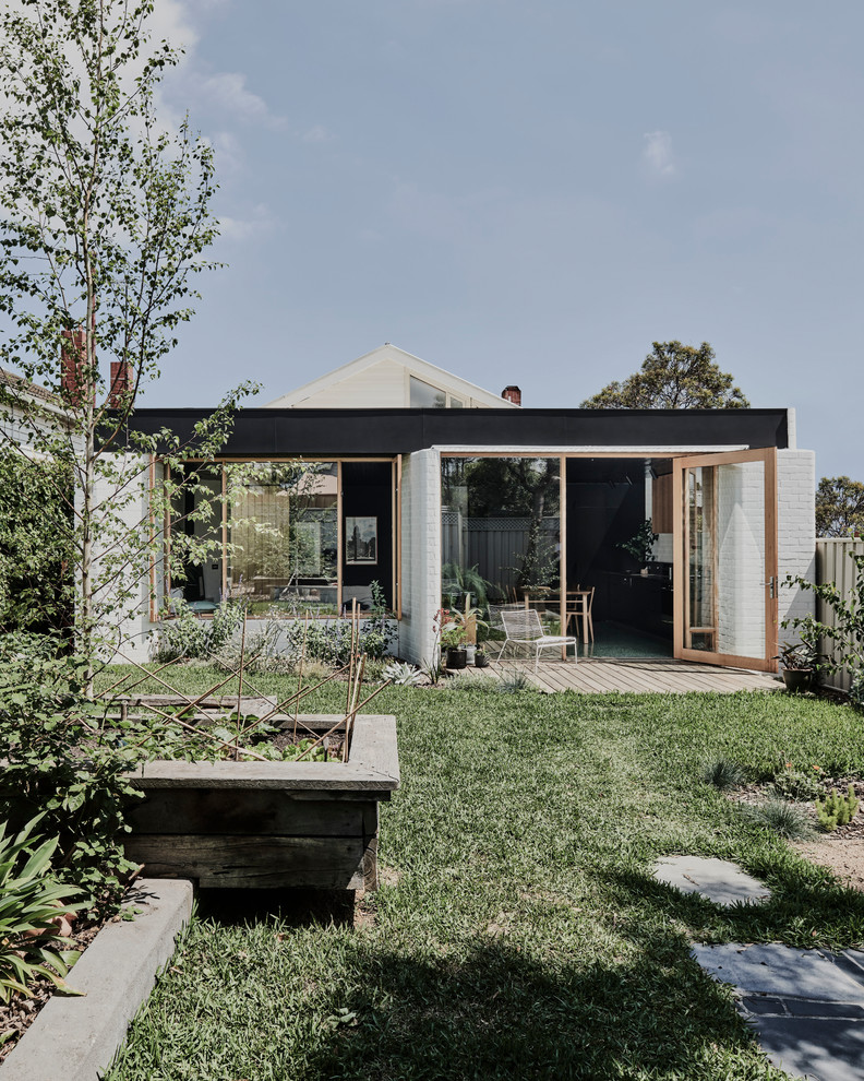 На фото: солнечный участок и сад среднего размера на заднем дворе в стиле модернизм с растениями в контейнерах и хорошей освещенностью