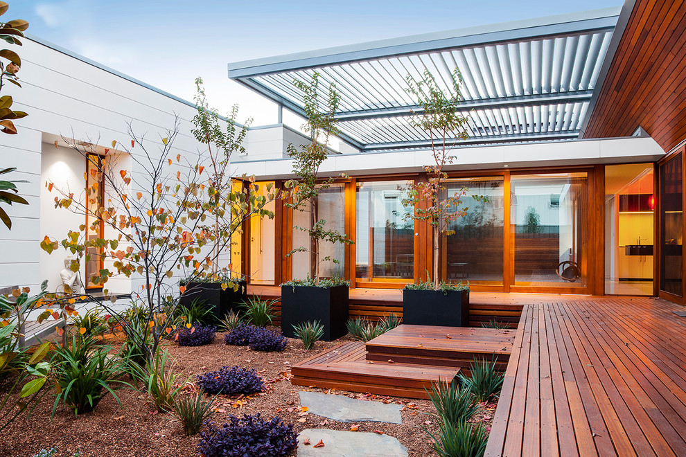 На фото: солнечный засухоустойчивый сад на внутреннем дворе в современном стиле с хорошей освещенностью и настилом