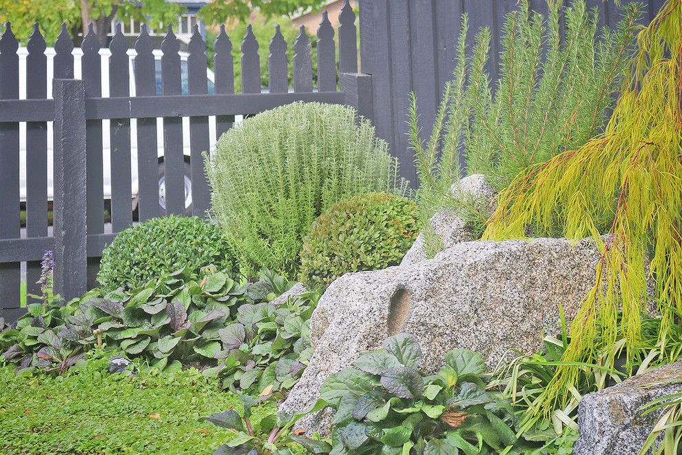 Kleiner, Halbschattiger Moderner Vorgarten im Sommer mit Kübelpflanzen und Mulch in Melbourne
