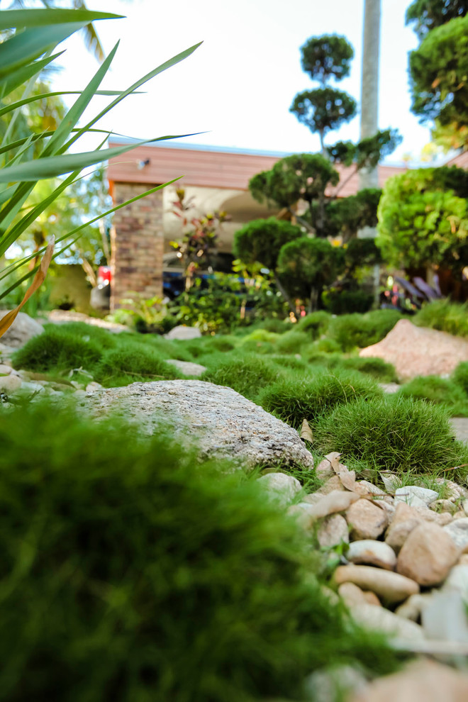 Cette image montre un aménagement d'entrée ou allée de jardin minimaliste l'été avec une exposition partiellement ombragée et du gravier.