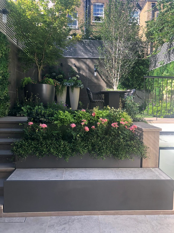 Esempio di un piccolo giardino formale contemporaneo esposto a mezz'ombra dietro casa in primavera con pavimentazioni in cemento