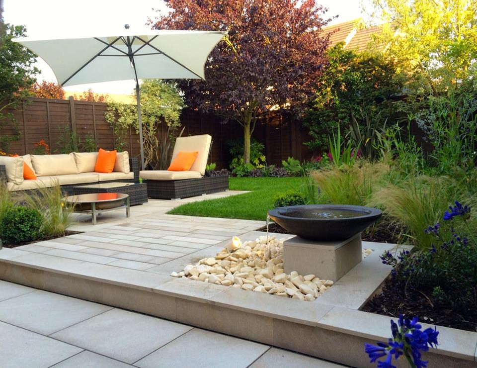 Inspiration for a small contemporary back formal garden in West Midlands with a water feature.