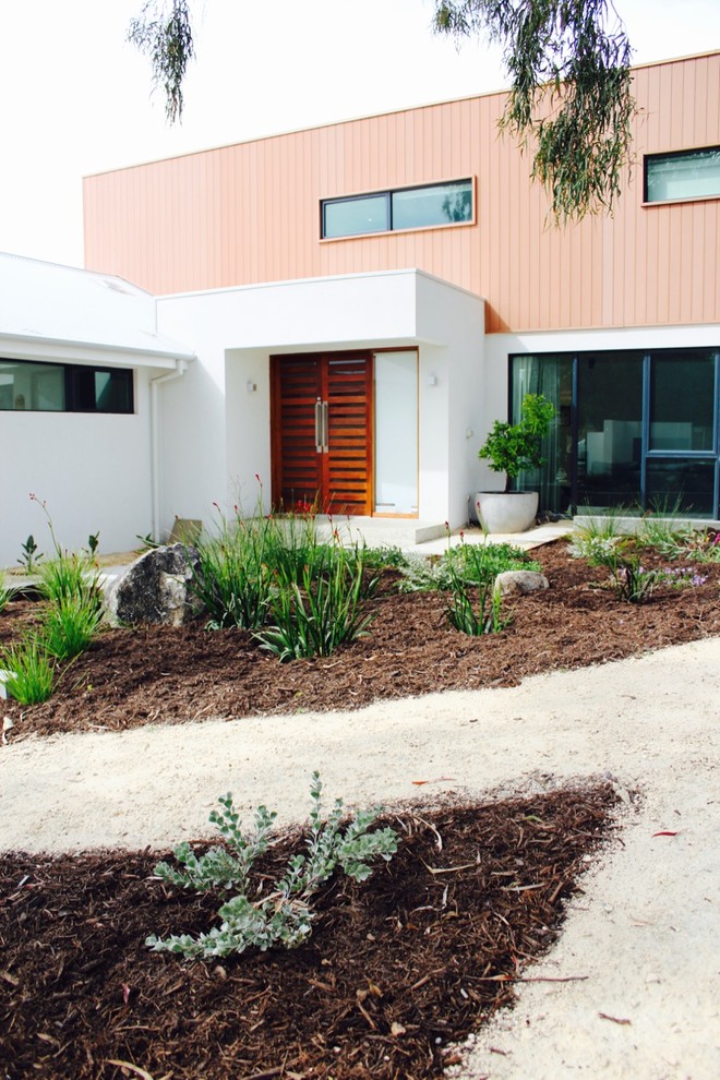 Esempio di un giardino xeriscape minimal esposto in pieno sole di medie dimensioni e davanti casa con un ingresso o sentiero e ghiaia