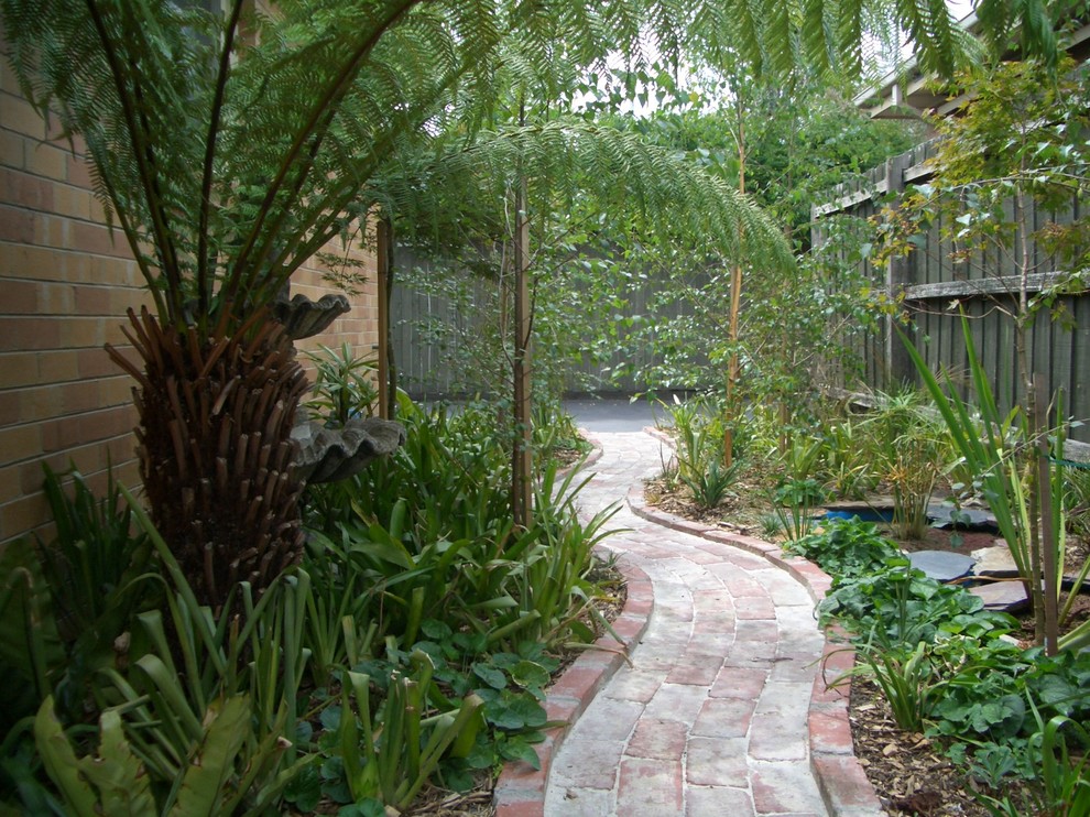 Kleiner, Halbschattiger Moderner Gartenweg neben dem Haus mit Pflastersteinen in Melbourne