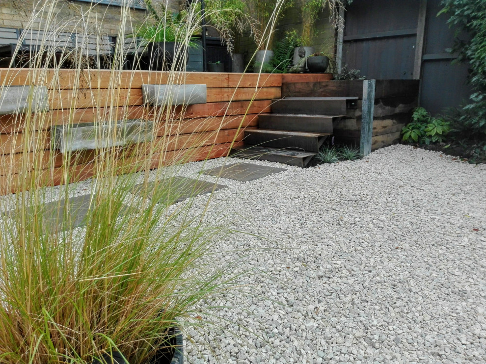 Geometrische, Mittelgroße, Halbschattige Moderne Gartenmauer hinter dem Haus mit Natursteinplatten in Sonstige