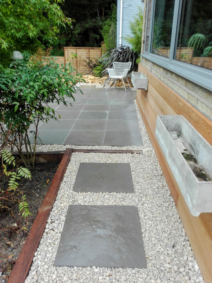 Foto di un giardino formale design esposto a mezz'ombra di medie dimensioni e dietro casa con un muro di contenimento e pavimentazioni in pietra naturale