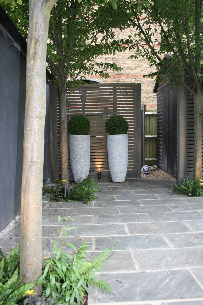 Foto di un giardino contemporaneo in ombra di medie dimensioni e dietro casa con un giardino in vaso e pavimentazioni in pietra naturale