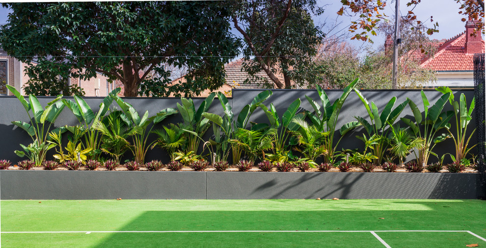 Cette image montre un jardin arrière minimaliste avec un mur de soutènement.
