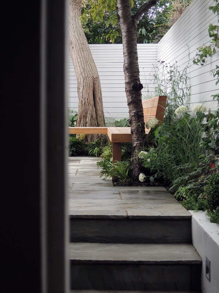 Идея дизайна: участок и сад среднего размера на заднем дворе в современном стиле с полуденной тенью и покрытием из каменной брусчатки