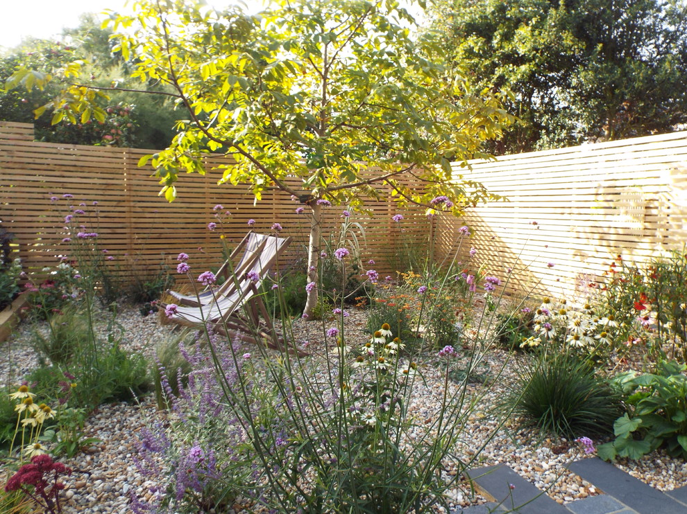 Идея дизайна: солнечный, летний засухоустойчивый сад среднего размера на заднем дворе в современном стиле с садовой дорожкой или калиткой, хорошей освещенностью и покрытием из каменной брусчатки