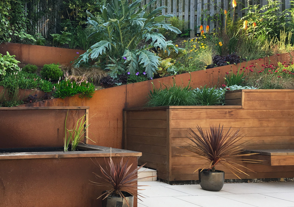 This is an example of a contemporary back partial sun garden in Other with a retaining wall.