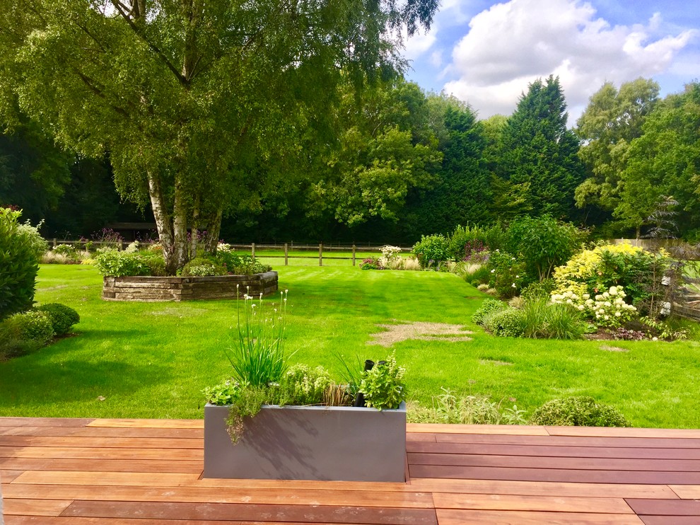 Classic back formal garden in London with a potted garden and decking.