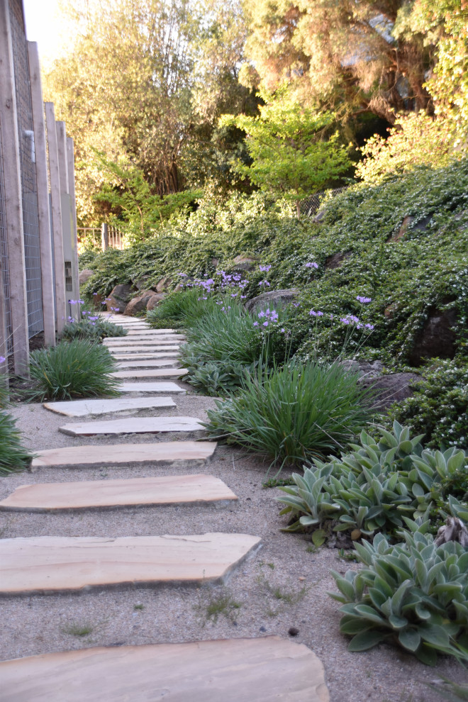 Idee per un grande giardino xeriscape country esposto in pieno sole dietro casa in primavera con un muro di contenimento e pavimentazioni in pietra naturale