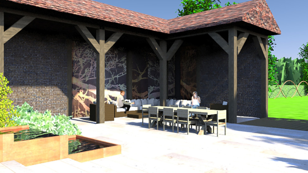 Imagen de patio campestre grande en patio trasero con adoquines de piedra natural