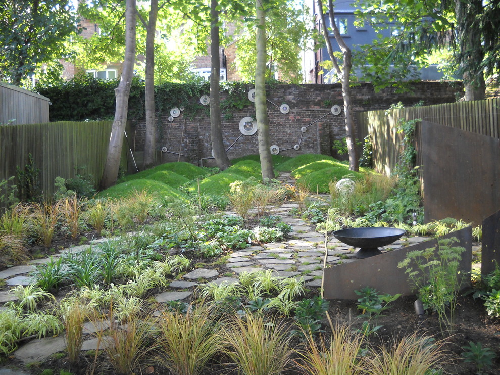 Exemple d'un jardin arrière éclectique avec un foyer extérieur.