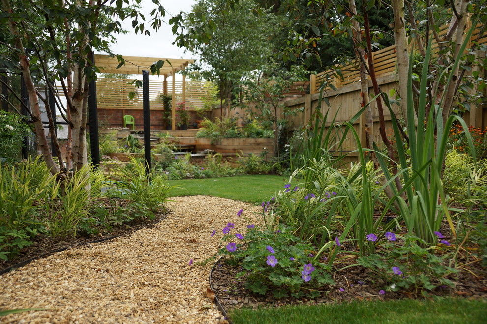 Design ideas for a large traditional back formal full sun garden for summer in West Midlands with a pond and decking.