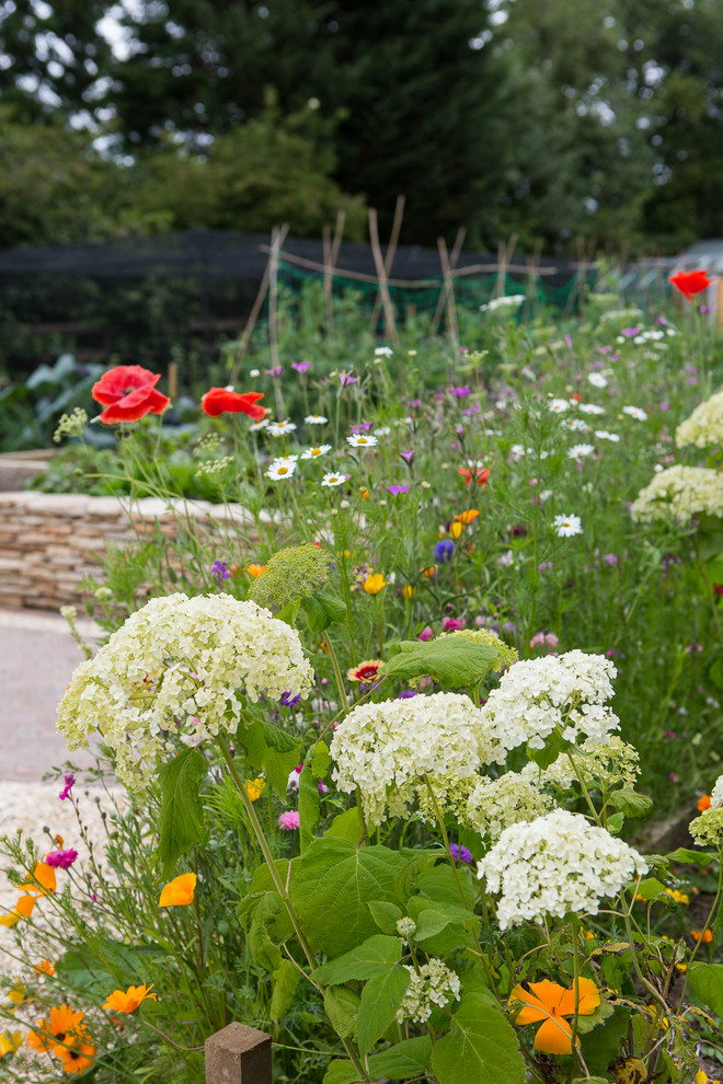 Cette photo montre un grand jardin potager arrière tendance avec une exposition ensoleillée et des pavés en pierre naturelle.