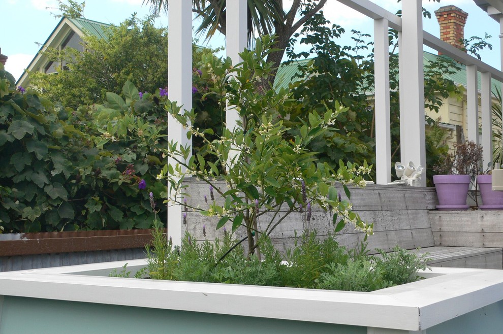 Foto di un giardino classico esposto in pieno sole di medie dimensioni e dietro casa in estate con un giardino in vaso e pedane
