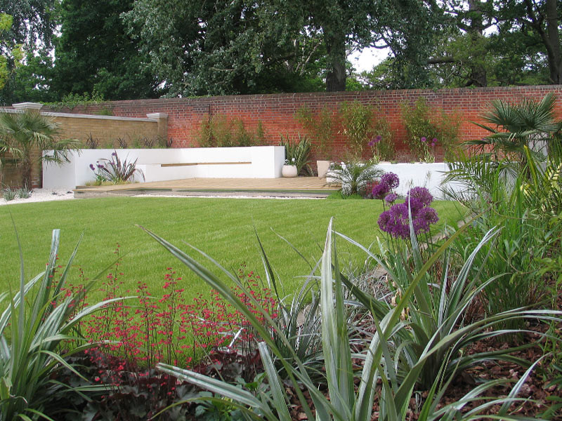 Cette photo montre un jardin arrière tendance de taille moyenne avec une exposition ensoleillée et une terrasse en bois.