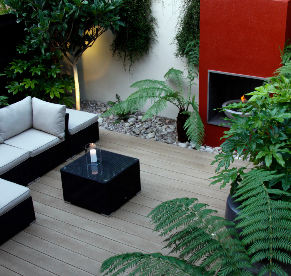 Immagine di un piccolo giardino formale minimalista esposto a mezz'ombra dietro casa con un caminetto e pedane